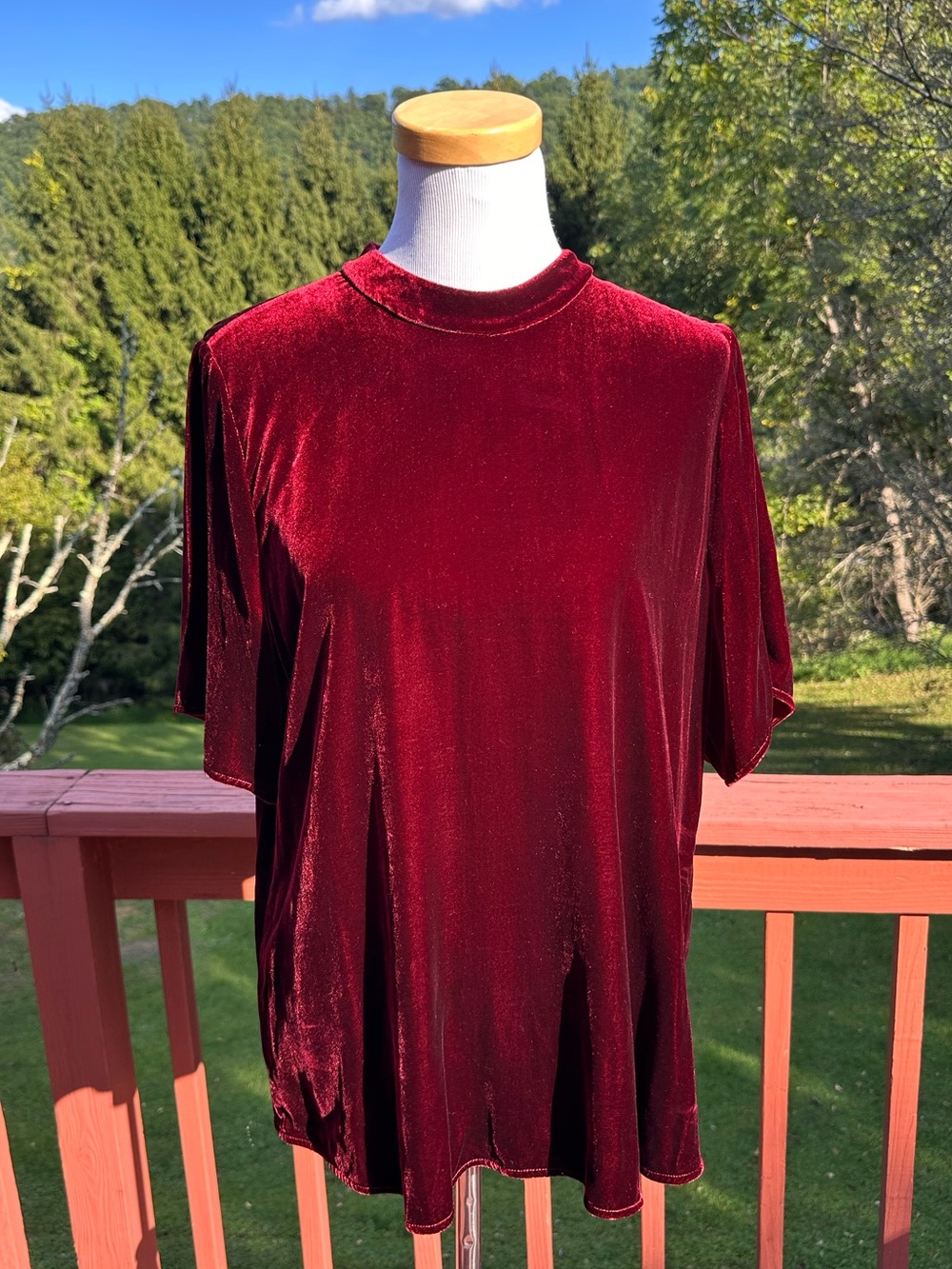 Eileen Fisher Velvet Short-Sleeve Mock Neck Top Burgundy Silk